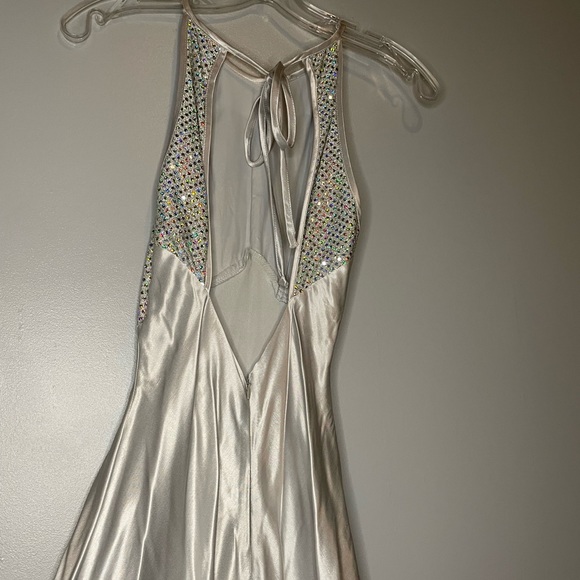 Silver Formal Dress with Sequin Top and Tie Back - Picture 6 of 13